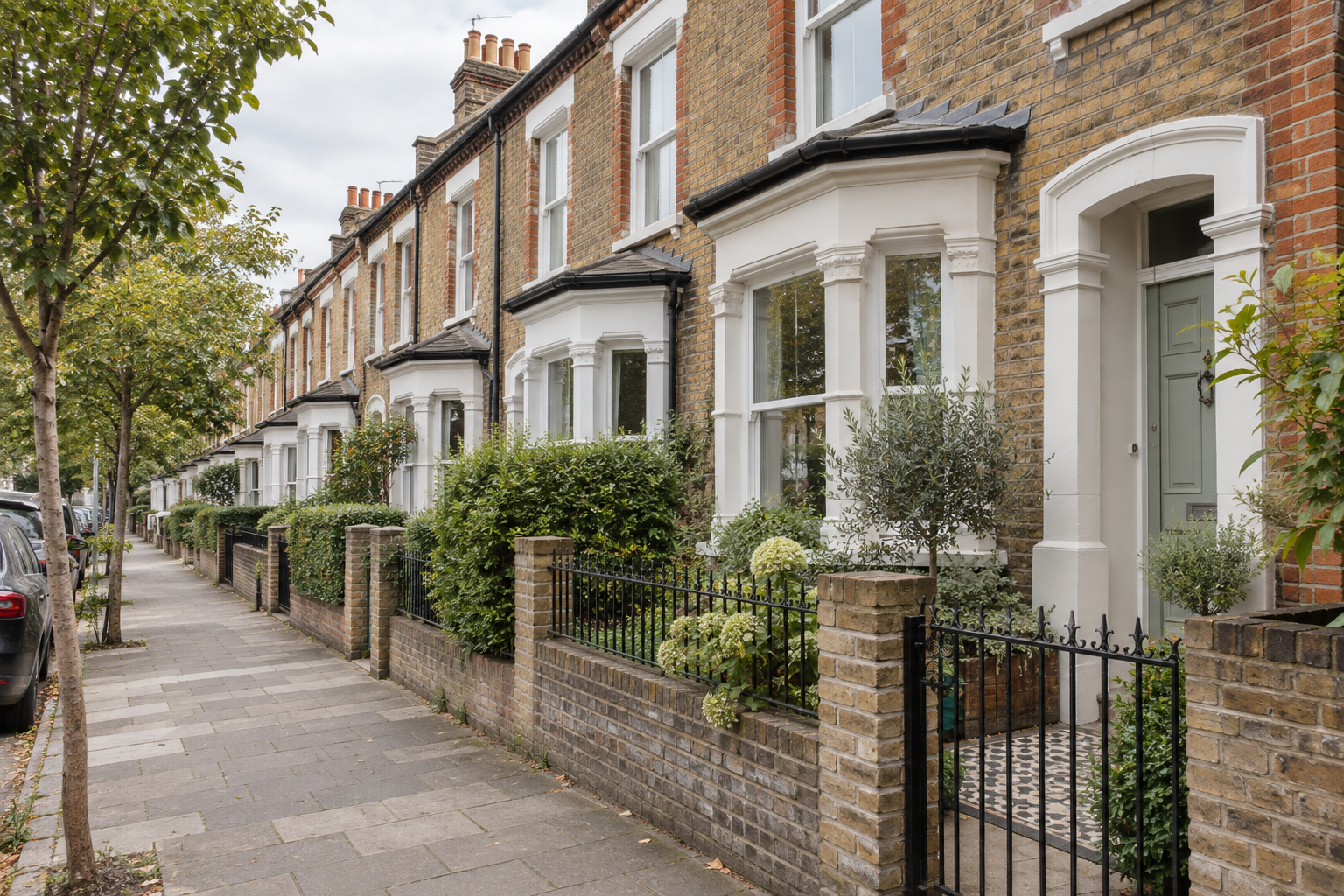 Illustrative British brick terrace street with planted front gardens
