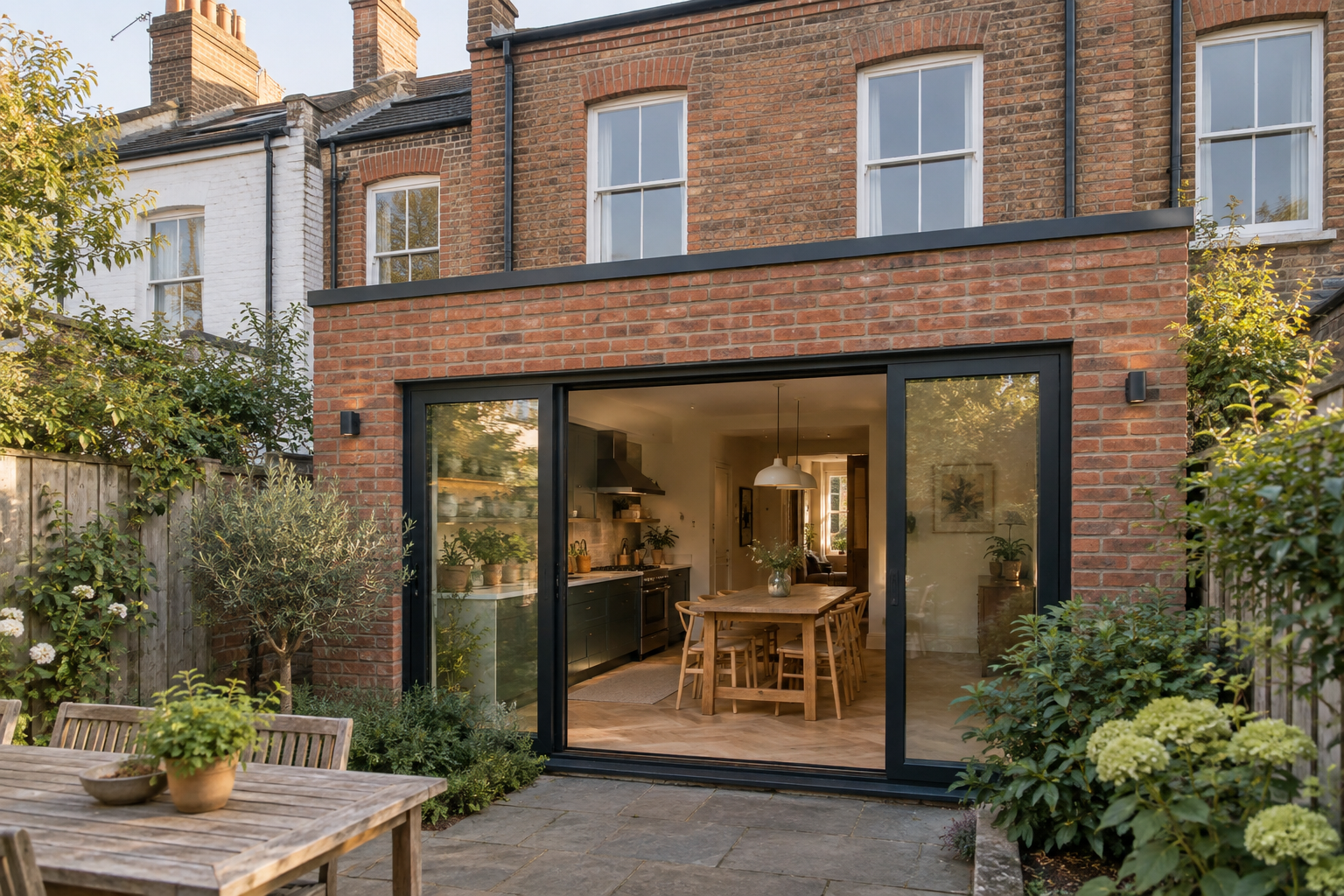 Illustrative modernised British brick terrace with a contemporary extension and warm lived-in dining space