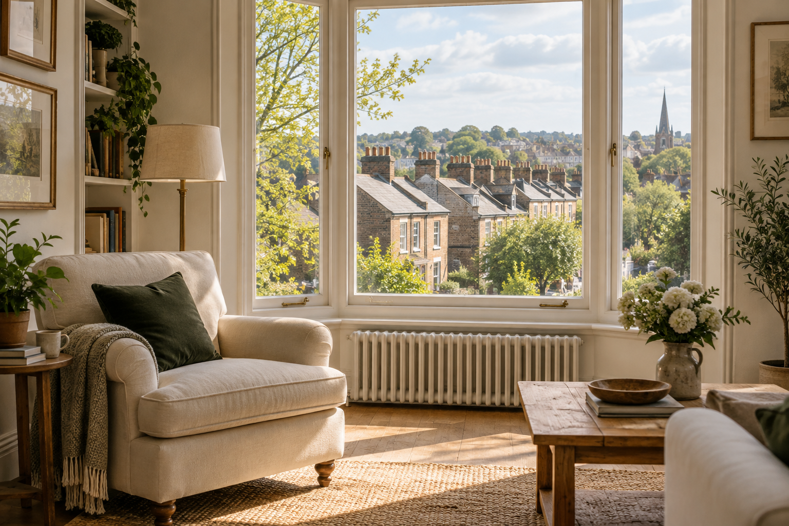Illustrative English residential interior with an armchair overlooking a leafy town