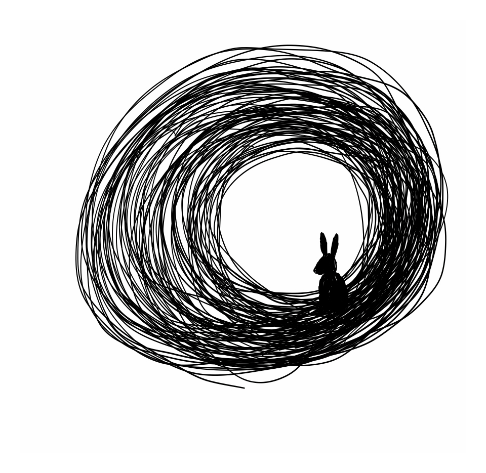 Original hand-drawn rabbit sitting within a swirling black-line rabbit hole